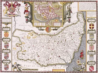 Suffolk und die Lage von Ipswich, graviert von Jodocus Hondius (1563-1612) aus John Speeds 